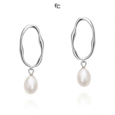 Oval Hoop Sterling Silver Earrings with Pearls (02-1447S)