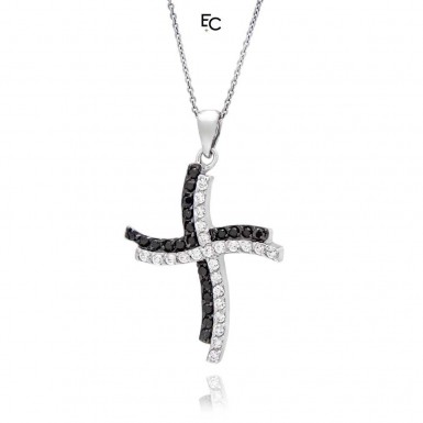 Sterling silver cross pendant with black and white zircon stones and necklace (03-817)