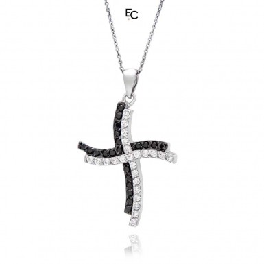 Pandantiv cruce din Argint 925 cu Zirconiu negru si alb si lantisor (03-817)